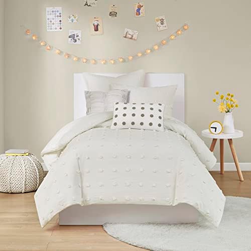 Intelligent Design Cotton Jacquard Pompom Ivory Twin Duvet Cover Set, 5pc
