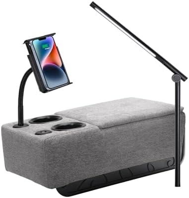 Removable Sofa Armrest with Cup Holder, PU Leather Multifunctional Couch Caddy Storage Arm Rest with Power Wireless Charging Stand & LED Reading Light for Sofa Middle Seat Adjustable