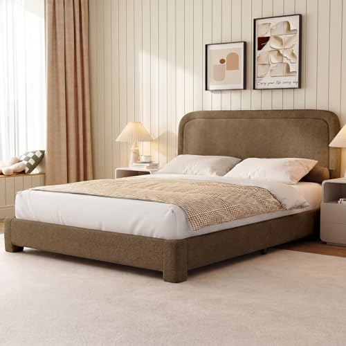 WEUP Queen Size Boucle Bed Frame, Upholstered Cloud Bed Frame with Adjustable Headboard, Soft Rounded Corners, No Box Spring Required, Easy Assembly, Coffee