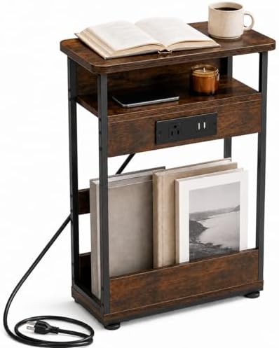 YEAKOO Narrow Side Table with Charging StationSmall Spaces Narrow End Table