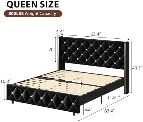 HOMBCK Queen Bed Frame with Velvet Headboard, Silverside Wingback, Black