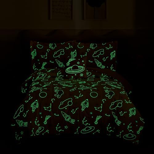 Full Size Comforter Sets for Girls-4 Pieces Pink Glow in the Dark Bedding