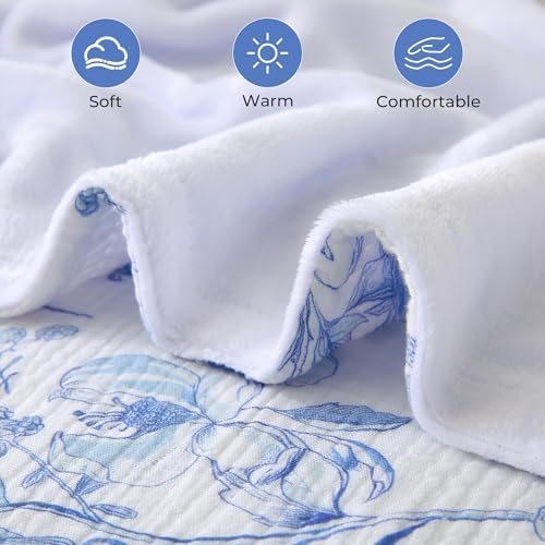 Muslin Blankets for Adults Reversible Throw Fleece & Gauze, Soft Cozy Lightweight Breathable Blue Floral Blanket for Bed Couch, Double Layer Muslin Throw Cover 90"x108"