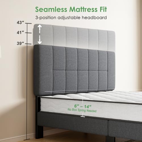 Marsail Full Size Bed Frame with Headboard - Upholstered, Adjustable,6"-12" Mattress Fit, 1300 lbs Capacity, Sturdy 12-Leg Wood Construction, Easy Assembly, Dark Gray