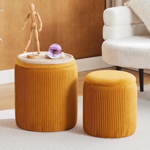 BLEXA Set of 2 Round Storage Ottoman, Yellow Velvet Stool with Storage