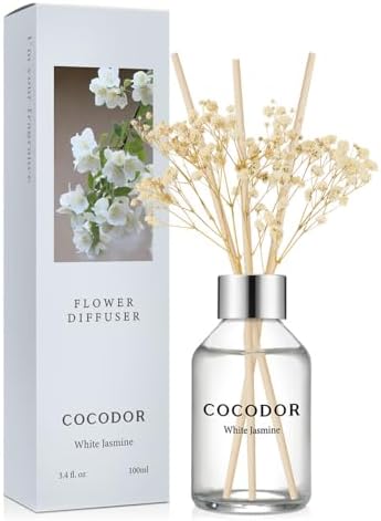 COCODOR Flower Reed Diffuser Set / 3.4oz / White Jasmine/Scent Diffuser with Sticks Home Fragrance Reed Diffuser for Bathroom Shelf Decor