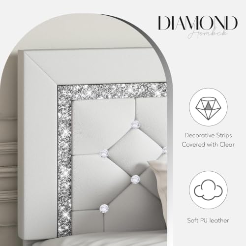 King Bed Frame with Diamond Headboard, Upholstered Platform Bed, White