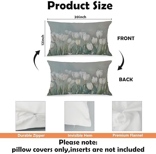Vintage White Tulip Floral Pillow Cover 12x20, French Country Farmhouse Cottagecore Botanical Flower Decorative Lumbar Pillow Cover for Couch Bed Living Room Bedroom