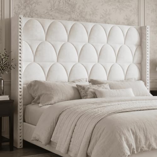Velvet Upholstered Wingback Headboard, King, Cream