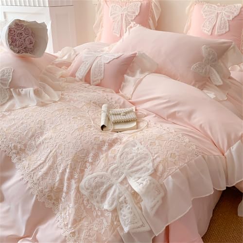 Ruffled Bedding Bow Duvet Cover -Twin Size Pink Chic Lace Bedding Set with Cute Bowtie-2 Pieces Soft Comforter Cover Set with Zipper Closure-Romantic French Princess Style-No Comforter-Pink,Twin Size
