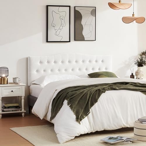 Tufted Headboard King Size, Solid Wood Adjustable Height Head Board, White
