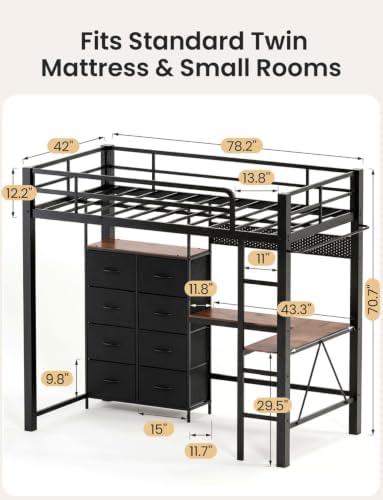 Twin Metal Loft Bed with Desk and 8 Large Fabric Drawers, Heavy Duty, Black