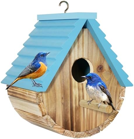 Auslar Bird Houses for Outside, Hanging Wooden Birdhouse for Outdoors, Blue