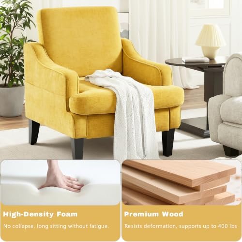 Set of 2 Accent Chair for Living Room,Mid-Century Arm Chair Chenille Fabric Living Room Chairs,Upholstered Reading Chair for Bedroom,Single Sofa Chair with Wood Legs for Apartment (Yellow)