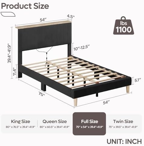 Bestier Full Bed Frame with Adjustable Headboard & LED, Upholstered, Black