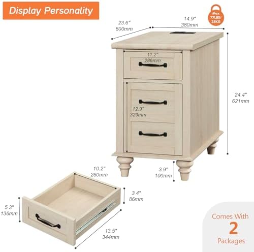 WAMPAT Set of 2 End Tables with Charging Station, Beige Tall Side Table with Storage Cabinet & Drawer, Wooden Nightstands with Power Outlets & USB Ports for Bedroom, Living Room