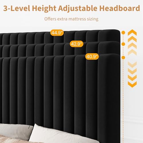 Twin Bed Frame with Adjustable Headboard, Velvet Upholstered Platform Bed