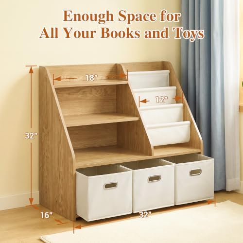 Kids Bookshelf & Toy Storage Organizer, 4‑Tier Sturdy Toddler Book Shelf with Removable Fabric Bins for Classroom, Playroom, Bedroom, 32" W x 16" D x 32" H