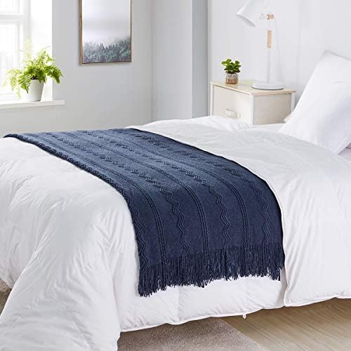 BOURINA Navy Throw Blanket 50x90 Inch Boho Knitted Soft Throw Sofa Blanket