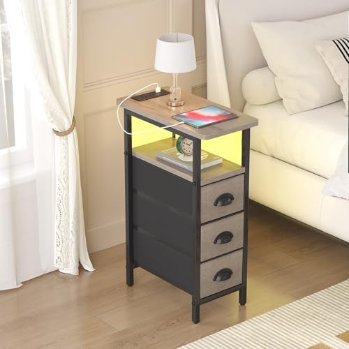 shtmec Narrow End Table Set of 2 with Charging Station, LED Side Tables Set 2 with Fabric Drawers, Small Bedside Tables Nightstands for Small Space, Slim Sofa Couch Table for Livingroom, Grey