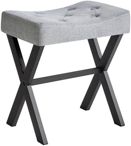 IBUYKE U-Shaped Linen Vanity Stool, X-Leg Makeup Chair, Blue Gray WBD018L
