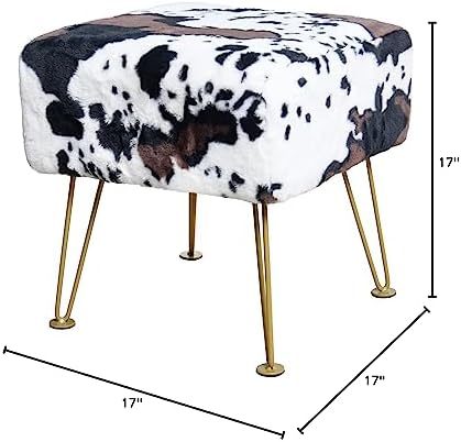 Cow Square Faux Fur Ottoman 17"x17"x17" Soft Fuzzy Entryway Bench Seat Sturdy Accent Coffee Table for Living Room Make Up Vanity Shoe Stool with Golden Legs for Bedroom Closet Foot Rest