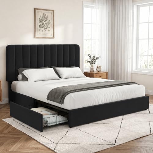 VECELO Full Size Upholstered Bed Frame with 4 Drawers and Headboard, Velvet Platform Storage Bedframe, Wooden Slats Support, No Box Spring Needed,Black