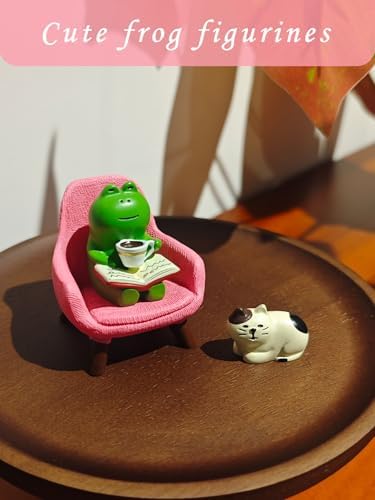Miniature Frog Figurines Set, Cute Resin Desk Decor with Pink Chair and Sleepy Cat, Small Shelf Decoration for Office Home Workspace, Gifts for Women Teachers Coworkers Frog Lovers