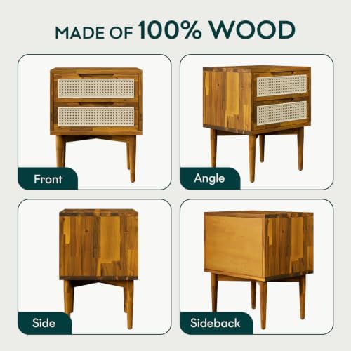 Bme Oliver Solid Wood Rattan Nightstand, Bohemian & Mid Century, Caramel