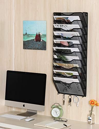 EasyPAG 10 Pocket Mesh Wall File Organizer with Key Hooks, Hanging Paper Folder Holder with Classify Label, Vertical Wall Mount Mail Organizer for Office Home Classroom, Black