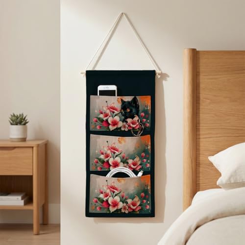 IAXIC Canvas Wall Hanging Organizer with Pockets Fish Extender Hanging Pouch Floral Black Cat Door Closet Organizers Fabric Storage Pockets Wall Decoration