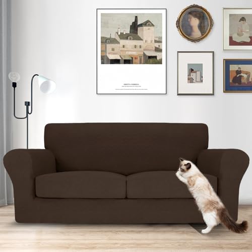 MAXIJIN 3 Piece Couch Covers for 2 Cushion Couch Sofa Cover, Stretch Loveseat Sofa Slipcovers for Sofas with 2 Large Cushions, Thick Dogs Pet Furniture Covers (71"-91", Coffee)