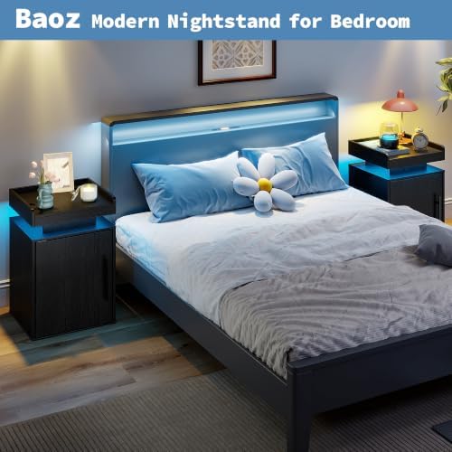 Baoz Black LED Nightstand with Door, Modern Bedside Table for Bedroom