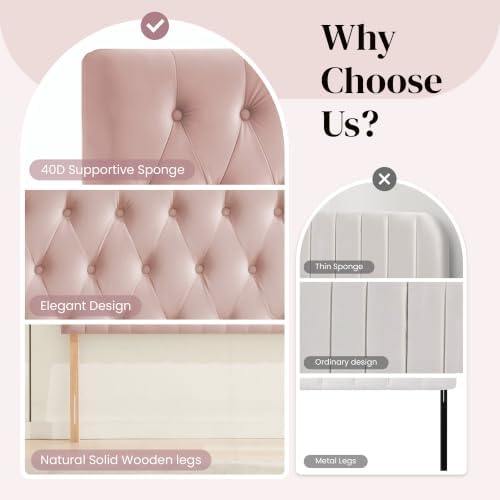 Kingfun Tufted Upholstered Queen Size Bed Headboard in Modern Button Design, Adjustable Solid Wood Head Board, Premium Velvet Fabric Padded Headboards in Bedroom (Pink)