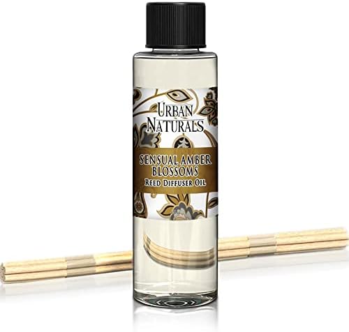 Urban Naturals Reed Diffuser Oil Refill, Sensual Amber Blossoms Fragrance Oil with Jasmine, Amber, Vanilla, 4 oz + Free Reed Sticks, Made in the USA