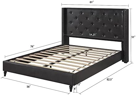 Full Upholstered Platform Bed Frame with 51" Tall Headboard - Button Tufted Cloth Bed - Wood Slat Support with Storage Space - No Box Spring Needed - Easy Assembly - Black - Oliver & Smith - Astor