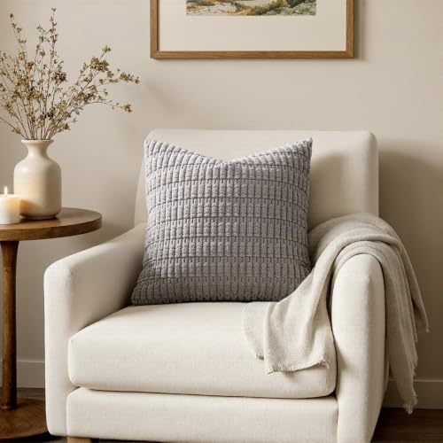 MIULEE Pack of 2 Corduroy Decorative Throw Pillow Covers 12x12 Inch Soft Boho Striped Pillow Covers Modern Farmhouse Home Decor for Sofa Living Room Couch Bed Light Grey