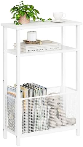 MMEOLUOOK Narrow Side Table with Storage Basket Skinny End Tables for Smalls Spaces 3 Tier Sofa Table Small Nightstand Slim Bedside Table for Living Room Bedroom White MLBZ22W
