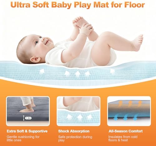 Ultra Soft Baby Play Mat for Floor, 59"×39" Playpen Mat, 1.3" Thick Memory Foam, Non-Slip Tummy Time Mat for Infants, Toddlers, and Kids – Water-Repellent Coral Velvet, Easy Care
