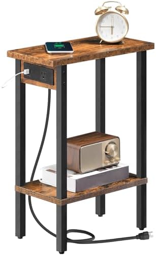 HOOBRO Narrow Side Table, 2-Tier Slim End Table with Charging Station, Skinny Nightstand with Open Storage, for Small Spaces, Living Room, Bedroom, Study, Rustic Brown and Black BF240UBZ01