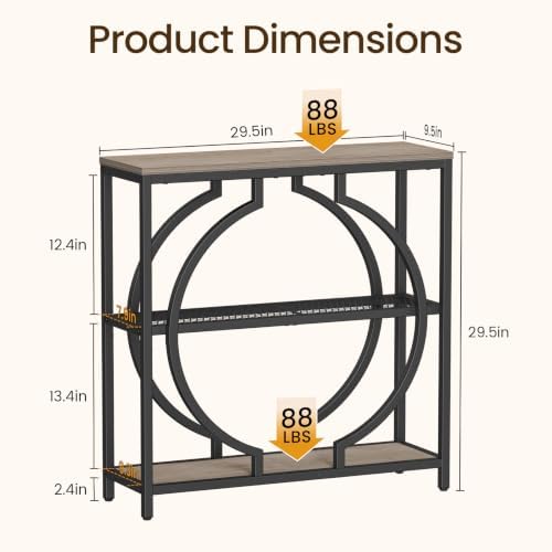 Snughome Entryway Table with 3 Tier Storage Shelves, Narrow Console Table Industrial Sofa Table with Circle Base, Behind The Couch Entrance Table for Hallway, Living Room, Foyer