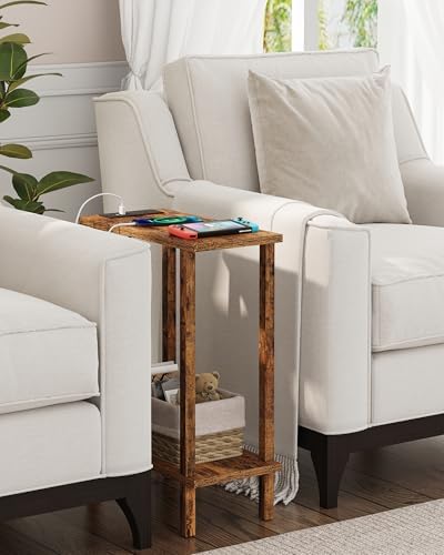 TUTOTAK Narrow Side Table, 2-Tier Small End Table with Charging Station