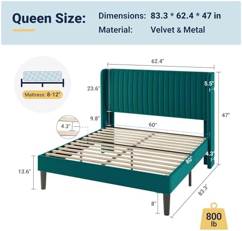 Allewie Queen Size Bed Frame/Velvet Upholstered Platform Bed/Vertical Channel Tufted Wingback Headboard/Strong Wooden Slats/No Box Spring Needed/Easy Assembly/Teal