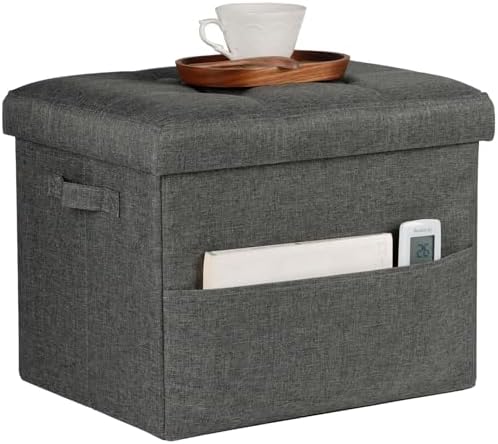 Bsketa Storage Ottoman Bench,17" Folding Linen Foot Rest Stool,Dark Gray