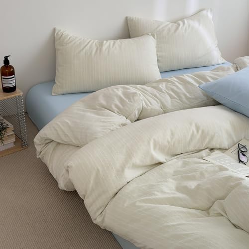 Cottagecore Striped Twin Duvet Cover - Vintage Textured Bedding Set 3-Piece