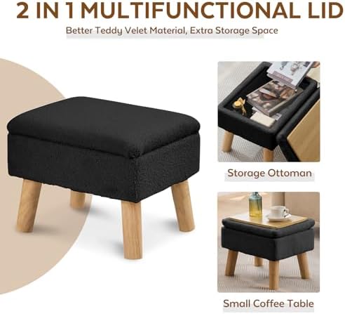 Storage Ottoman, Small Foot Stool Ottoman with Storage, Teddy Velvet Foot Rest with Wood Legs, Footstool for Living Room, Bedroom, Entryway, Black