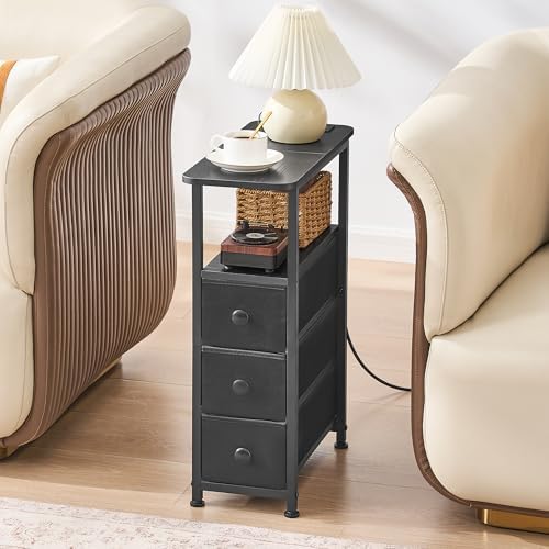 DALEMHOME Narrow End Table with Charging Station, Narrow Side Table with Drawer, Small Nightstand with LED Light, Skinny Nightstand, Small Bedside Table for Living Room, Bedroom, Couch, Black