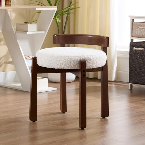 Ya-Home Modern Vanity Chair Upholstered Small Ottoman Footstool, Make Up Stool Sherpa Fabric with Backrest Wooden Frame for Living Room Bedrooms, 1PC, White