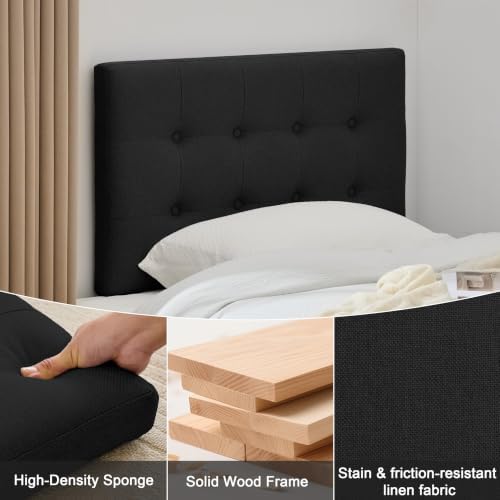 Linen Tufted Headboard Twin Size, Solid Wood Twin Headboard Only, Black