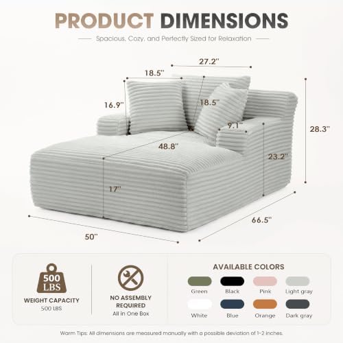 66" Chaise Lounge Chair Indoor, Corduroy Upholstered Reading Chair Oversized Boneless Chair with Deep Seat, Cloud Lounge Chair with 3 Pillows for Living Room, Bedroom, No Assembly Required